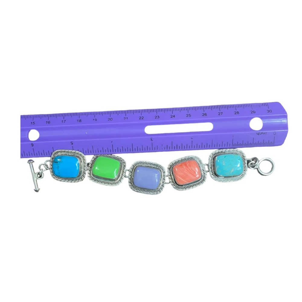 925 Sterling Silver Vintage Mexico Real Multi-Color Gem Link Bracelet 6 1/4" - Picture 4 of 8